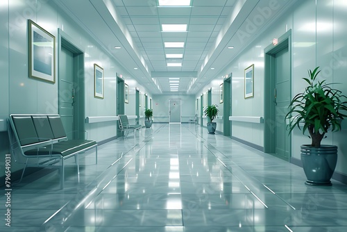 A long  bright hospital corridor with rooms and seating