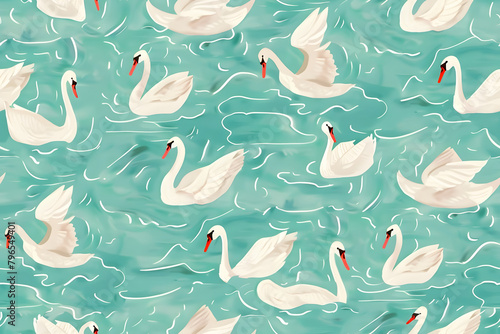 continuous pattern of mint green background with illustration of tiny swans and little waves photo