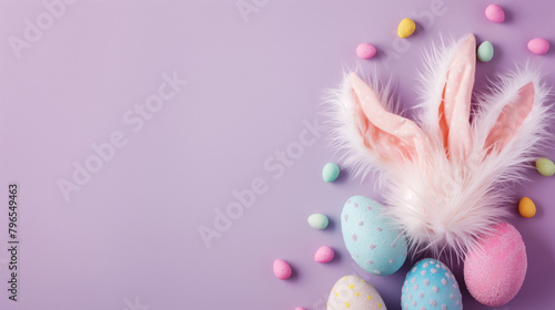 This is an image of a pair of fluffy white and pink bunny ears and a smattering of pastel-colored Easter eggs on a purple background.

 photo