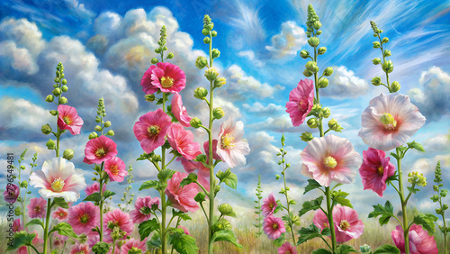 Pastel drawing artistic image of hollyhocks