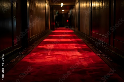 Deserted Red Carpet in Dimly Lit Indoor Room Surrounded by People. Concept Event Photography, Red Carpet Setup, Indoor Venue, Dim Lighting, Crowded Room