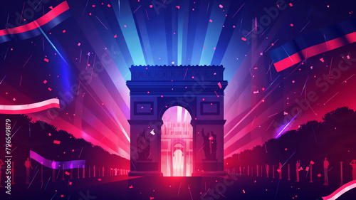 Arc de Triomphe in Paris, France. Night cityscape with rays of light photo