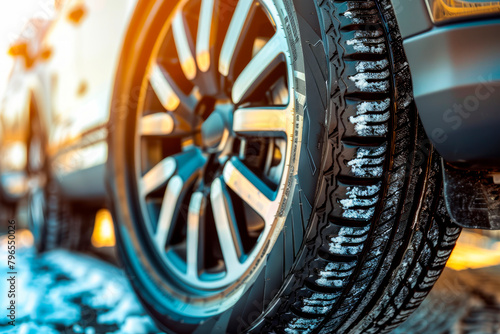 Modern car tires with effective tread on a winter, snow-covered road photo