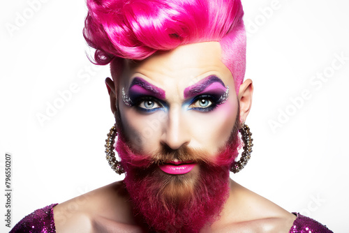 Drag Queen hombre con barba brillante. Retrato de artista maquillado en tonos rosados. Hombre con cabello rosa sobre fondo blanco photo