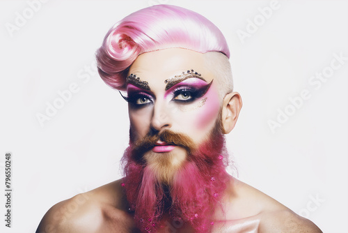 Drag Queen hombre con barba brillante. Retrato de artista maquillado en tonos rosados. Hombre con cabello rosa sobre fondo blanco..