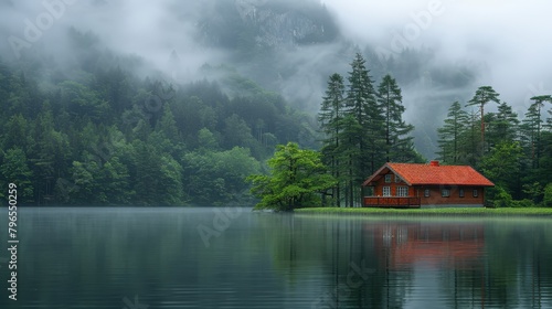  A red-roofed house sits on a small island amidst a lake's calm expanse, framed by a lush forest backdrop