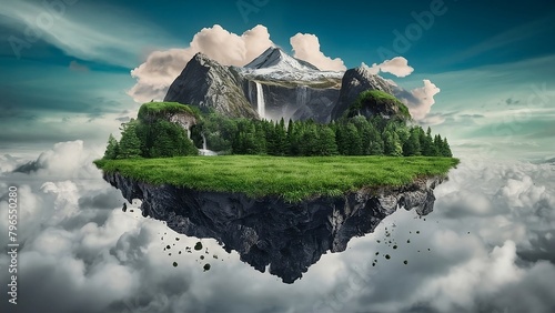 Flying land with beautiful landscape, green grass and waterfalls mountains. 3d illustration of floating forest island isolated with clouds - Generative AI