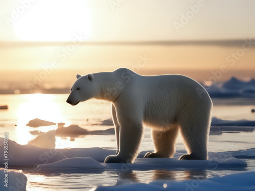A polar bear stands on a broken piece of ice in the Arctic Ocean with the sun shining behind it.