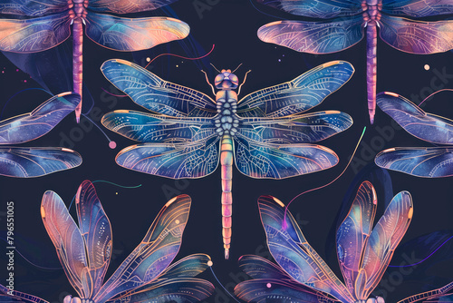 Bright background for wallpaper and packaging with bright futuristic dragonflies