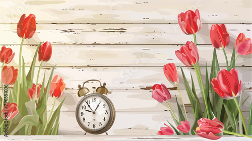 Banner with alarm clock and tulips on white wooden #796551006