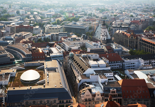 Aerial view of the centre of Leipzig, Saxony, Germany at sunset