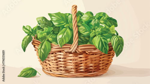 Basket with fresh basil on light background closeup