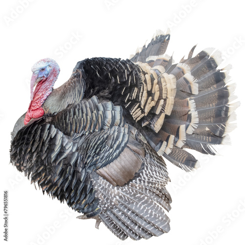 A large domestic turkey, with lush plumage and a red beard, fattened for Thanksgiving