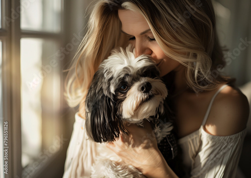 Lonely woman with a dog at home. Woman in a light dress with a Shih Tzu dog at home