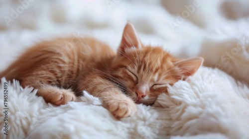 Cute little red kitten is sleeping on soft white blanket