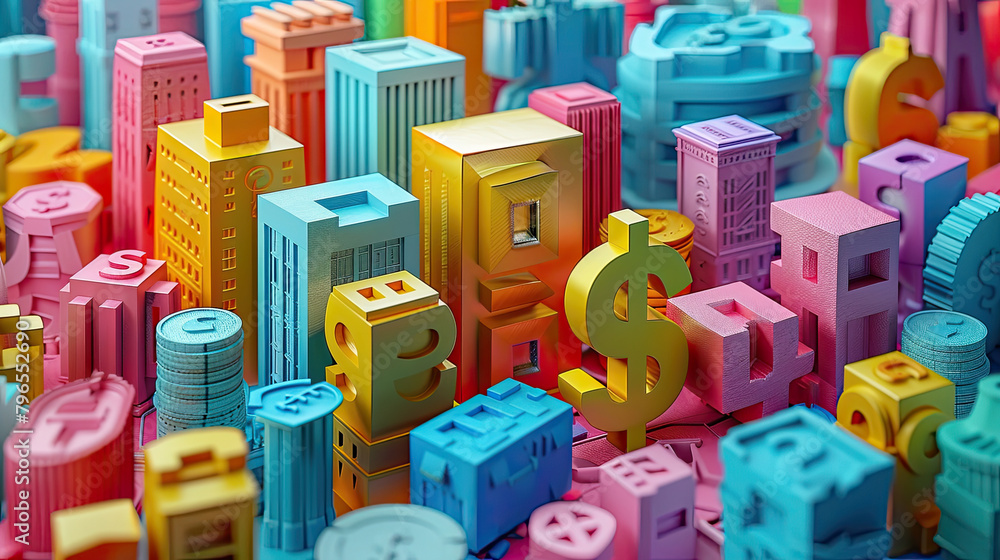 Naklejka premium 3d render of a city made of pastel colored buildings and currency symbols.
