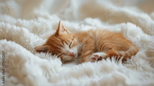 Cute little red kitten is sleeping on soft white blanket © Elvin