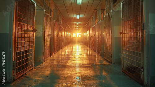 Sunset rays illuminate an empty shelter corridor, casting a golden hue over the silent kennels, suggesting tranquility and hope.