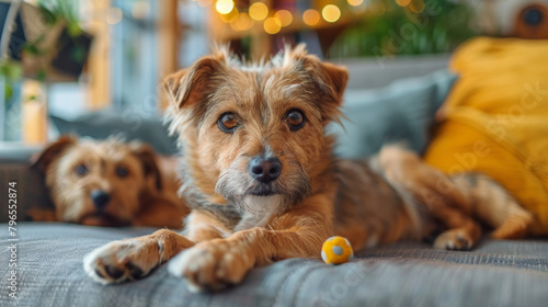 A pair of terriers rest together, one in focus, exemplifying the shelter's nurturing environment.