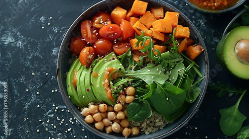 healhty vegan lunch bowl, Avocado, quinoa, sweet potato, tomato, spinach and chickpeas vegetables salad, Top view photo