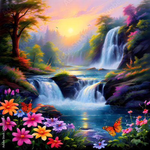 flowers grow and butterflies fly along the shore of the waterfall