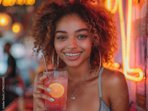 Joyful Young Woman Holding Citrus Beverage in Neon-lit Bar