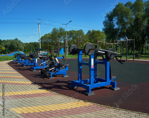 An open-air sports ground is located in a public park and anyone can train on these simulators, a free opportunity for active recreation and wellness