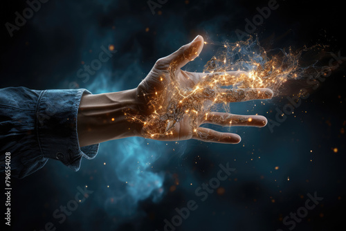 A photo of a hand with sparks coming off of it. photo
