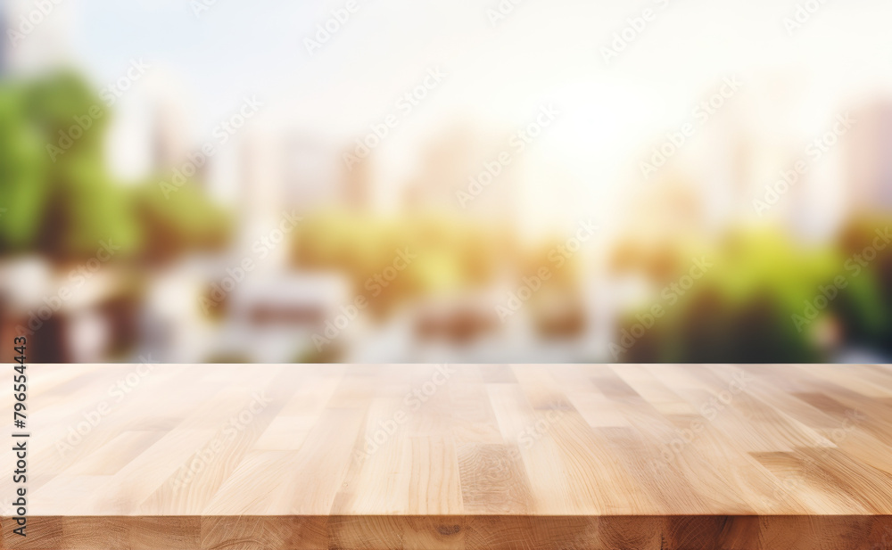 Empty wooden table in front of abstract blurred city view background for product display