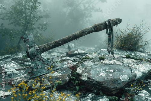 An old rusty axe is stuck in a tree stump in the middle of a misty forest.