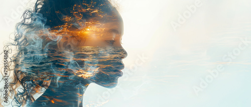 A double exposure Portrait of a woman blended with nature, showcasing environmental unity, Earth day concept