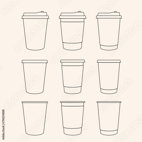 Coffee cup icons in line style,vector set . Disposable coffee cup