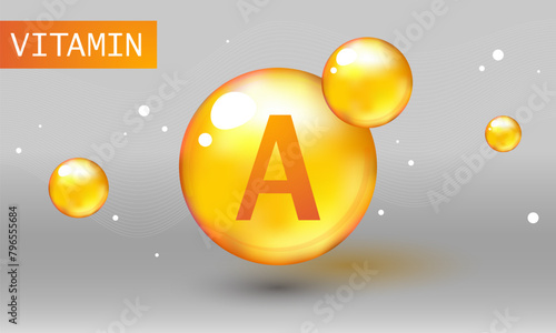Vitamin gold shining pill capsule icon. Vitamin A. Retinol Retinol, retinal, beta carotene. Shining golden substance drop. Meds for heath ads