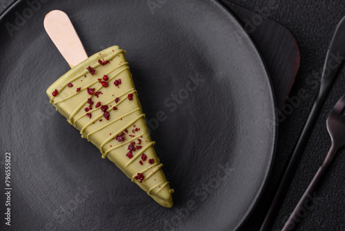 Photography Delicious sweet cheesecake with fruits covered with icing with a wooden stick