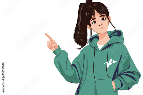 Smiling teen girl in green hoodie pointing to copy space - advertising and marketing © Lenuccia
