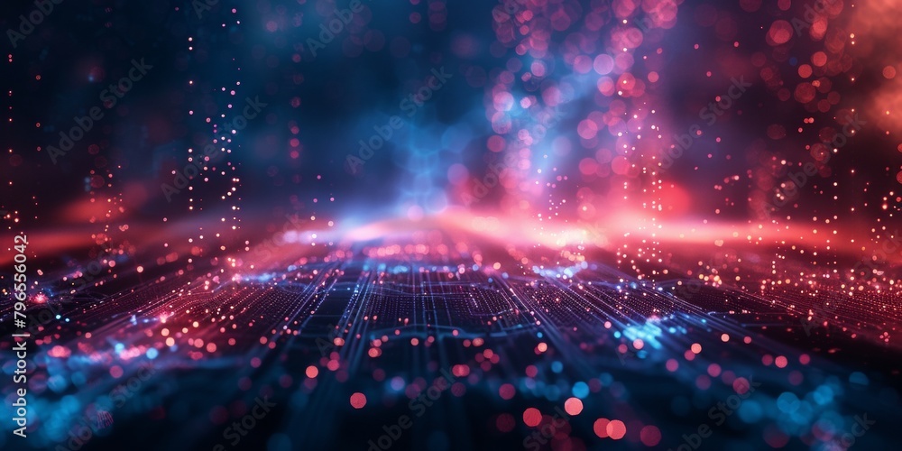 A computer generated image of a cityscape with a blue sky and red A computer generated image of a cityscape with a blue sky and red