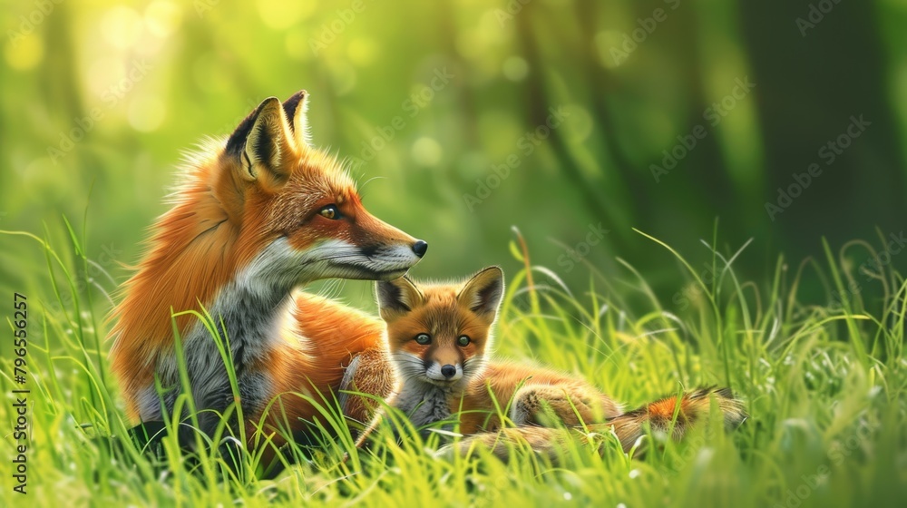 Adorable Red Fox Mother and Baby Enjoying Nature in Illustrative Fantasy Art Style