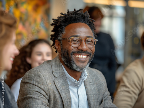 Confident Smiling Man in Blazer at Indoor Social Gathering