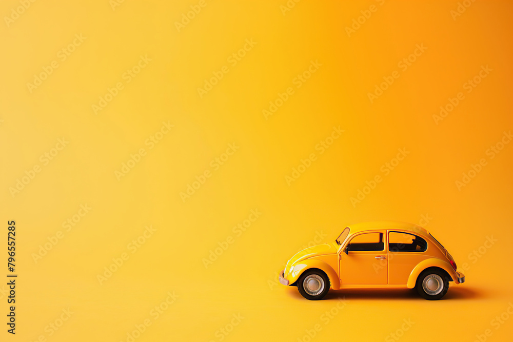 Model of yellow retro car on a yellow background. Small vintage car toy. Miniature classic auto, side view with copy space. Summertime vacation road trip, travel concept. Taxi. Present delivery Model of yellow retro car on a yellow background. Small vintage car toy. Miniature classic auto, side view with copy space. Summertime vacation road trip, travel concept. Taxi. Present delivery
