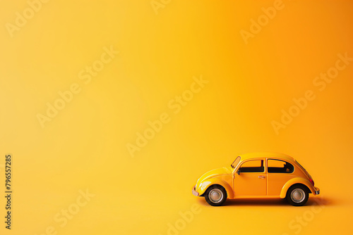 Model of yellow retro car on a yellow background. Small vintage car toy. Miniature classic auto, side view with copy space. Summertime vacation road trip, travel concept. Taxi. Present delivery © Marina Demidiuk