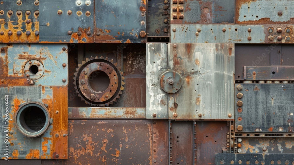 Textured Metal Patchwork Wall with Rust and Rivets