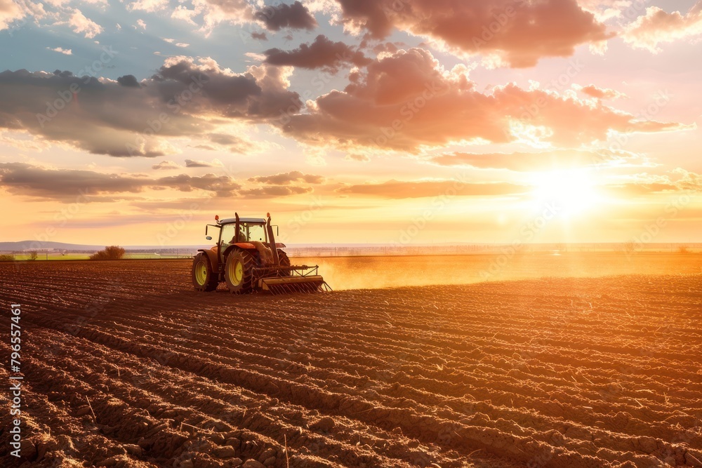 Fototapeta premium Tractor cultivating field tractor outdoors horizon.