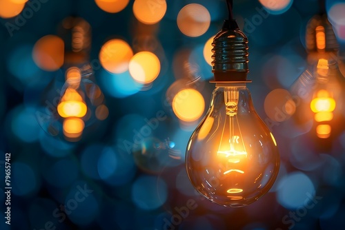 Innovative Approach to Addressing a Business Challenge Illustrated with Hanging Light Bulbs. Concept Business Innovation, Problem Solving, Creative Thinking, Light Bulb Illustration photo