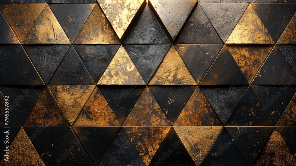 Three panels of elegance with black and gold triangles each layer casting its own shadow Three panels of elegance with black and gold triangles each layer casting its own shadow