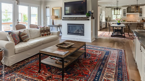 Use area rugs to define separate zones within an open-concept space.