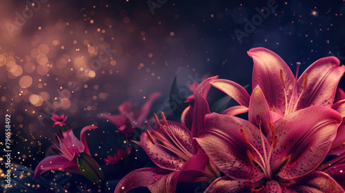 Beautiful pink lily flower on dark decorative sparkling blur background with copy space as wallpaper illustration, Elegant Dark Pink Glitter Flower