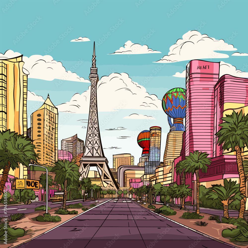 Las Vegas. Las Vegas hand-drawn comic illustration. Vector doodle style
