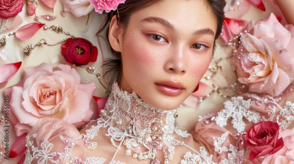 Serene Beauty Adorned with Lace and Roses