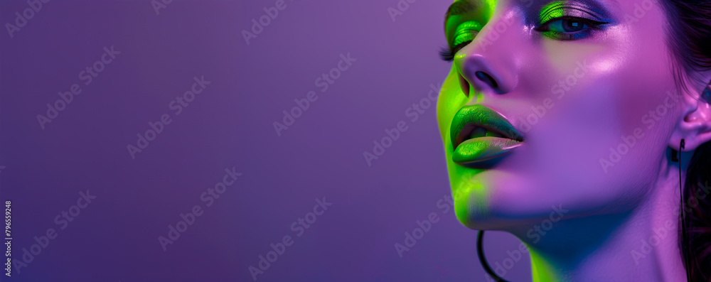 Woman with neon green makeup in purple light. Banner with copy space Woman with neon green makeup in purple light. Banner with copy space
