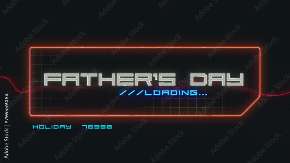 A futuristic digital display celebrates Father's Day in neon colors, while a loading sign suggests the content is being processed. The image has a video game-like atmosphere A futuristic digital display celebrates Father's Day in neon colors, while a loading sign suggests the content is being processed. The image has a video game-like atmosphere